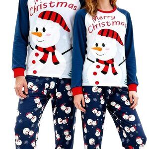 Matching Christmas Pajama Set Snowman Santa Print Long Sleeve Sleepwear